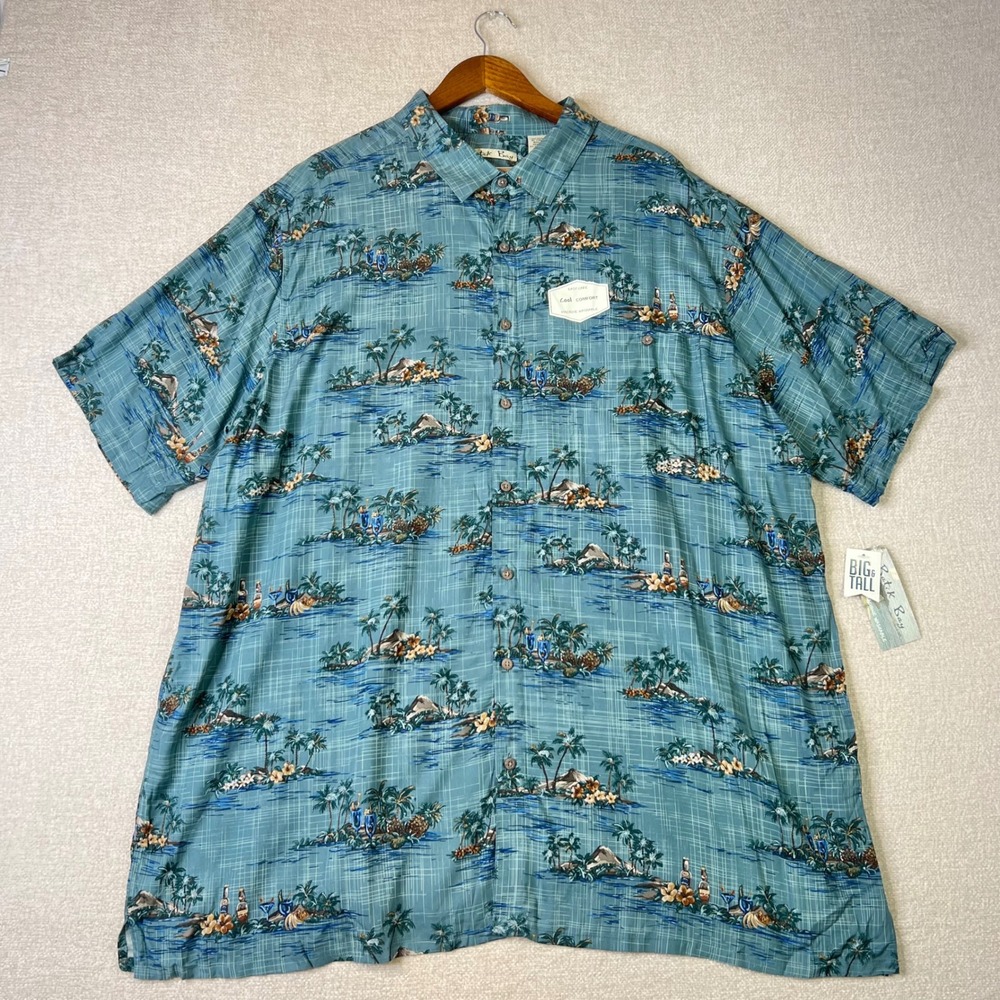 NWT Batik Bay Mens 3XLT Teal Tropical Island Palm Tree Rayon Hawaiian Shirt